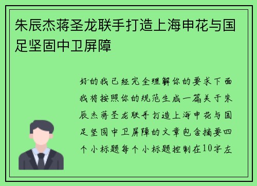 朱辰杰蒋圣龙联手打造上海申花与国足坚固中卫屏障